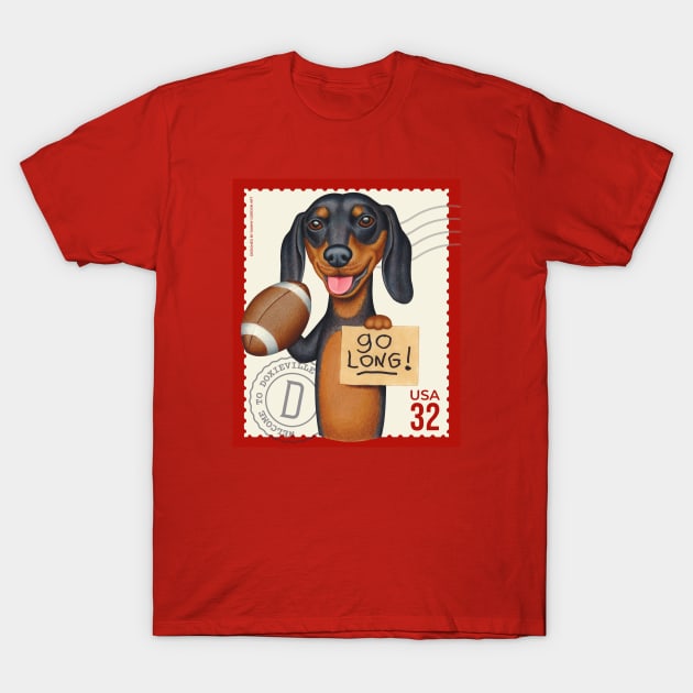 Funny cute Dachshund Doxie with football saying go long! T-Shirt by Danny Gordon Art